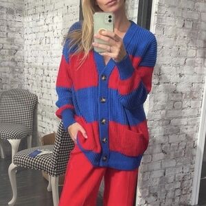 La LIGNE x Target Oversized Slouchy Rugby Stripe Cardigan M Blue Red